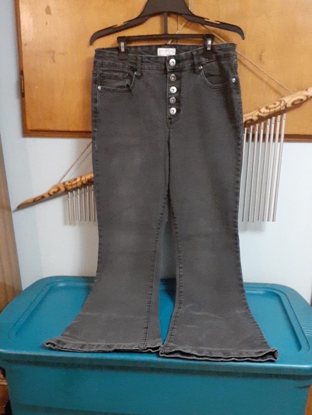 sofia vergara Dark Gray High-Rise Button-Fly Flare Jeans